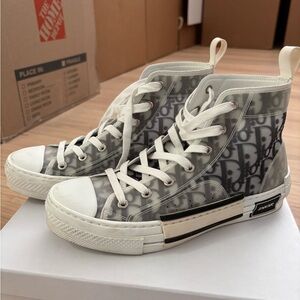 Dior Gray and White Oblique Canvas High-Top Sneakers